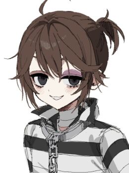 Rule 34 | 1boy, 37mimi aim, ahoge, bandaged neck, bandages, black eyes, bruise, bruised eye, chain, collar, grin, hair between eyes, half-closed eye, identity v, injury, light blush, luca balsa, male focus, metal collar, ponytail, popped collar, portrait, shirt, short ponytail, smile, solo, striped clothes, striped shirt, uneven eyes