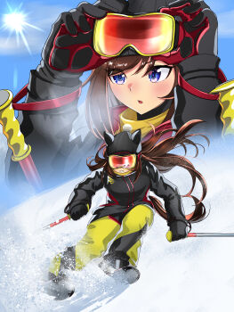 Rule 34 | 1girl, absurdres, animal ears, beanie, black coat, black gloves, black hat, blue eyes, blue sky, brown hair, coat, commentary request, duramente (umamusume), ear covers, ears through headwear, gloves, goggles, goggles on head, hair between eyes, hat, highres, holding, holding ski pole, horse ears, horse girl, horse tail, iota (user gvdc7737), long hair, long sleeves, mountain, pants, pom pom (clothes), pom pom beanie, ski boots, ski gear, ski goggles, ski pole, skiing, skis, sky, snow, snow boots, tail, umamusume, winter, winter clothes, yellow coat