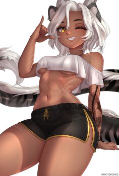 abs absurdres animal_ears arm_tattoo black_shorts breasts commentary crop_top dragon_horns english_commentary fangs highres horns indie_virtual_youtuber off_shoulder one_eye_closed sansin_jin scar scar_on_stomach shorts tail tattoo tikitorchies underboob white_hair yellow_eyes