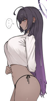 ... 1girl absurdres ahoge bikini black_bikini black_hair blue_archive blush breasts commentary_request dark-skinned_female dark_skin gradient_hair gradient_halo guwall halo hand_on_own_stomach highres karin_(blue_archive) large_breasts long_hair multicolored_hair multicolored_halo navel parted_lips purple_hair purple_halo shirt side-tie_bikini_bottom solo swimsuit thighs white_shirt yellow_eyes