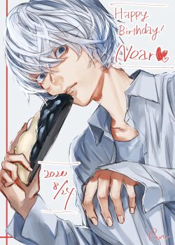 1boy character_name collared_shirt commentary_request crossed_bangs dated death_note food grey_background grey_hair hair_between_eyes hand_on_own_knee happy_birthday highres holding holding_food looking_at_viewer male_focus near_(death_note) no_eyebrows pan2ca pants parted_lips shirt shirt_under_shirt short_hair signature solo upper_body white_pants white_shirt