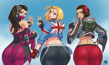 1girl ass azucena_milagros_ortiz_castillo black_gloves black_hair blonde_hair brown_hair cammy_white commission cropped_jacket fingerless_gloves gloves hair_ornament highres huge_ass jacket jewelry looking_at_viewer mileena_(mortal_kombat) mortal_kombat_(series) paddy_g_(terrybrogard) pants red_gloves red_pants short_hair street_fighter street_fighter_6 tekken tekken_8 union_jack union_jack_print zipper