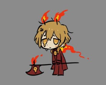 Rule 34 | 1boy, 9:2 (e.g.o), antennae, axe, blonde hair, chibi, closed mouth, coat, commentary, dated commentary, e.g.o (project moon), fire, full body, gloves, holding, holding axe, limbus company, official art, pants, project moon, red coat, red gloves, red pants, sinclair (project moon), single tear, solo, symbol-only commentary, yellow eyes