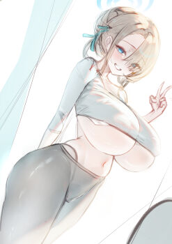 1girl absurdres alternate_costume alternate_hairstyle arm_behind_back asuna_(blue_archive) blonde_hair blue_archive blue_eyes blue_halo blue_ribbon blush breasts commentary covered_erect_nipples cowboy_shot crop_top dated_commentary dutch_angle english_commentary eyes_visible_through_hair geonjeonji grey_pants grey_shirt grin hair_between_eyes hair_bun hair_over_one_eye hair_ribbon halo hand_up highres huge_breasts midriff navel pants panty_straps parted_lips ribbon shirt short_hair single_hair_bun sketch smile solo standing stomach three-quarter_sleeves underboob v white_background yoga_pants