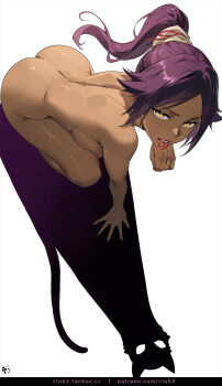 1girl all_fours artist_logo ass bleach breast_press breasts club3 commentary completely_nude dark-skinned_female dark_skin different_shadow fanbox_username highres large_breasts licking licking_hand logo long_hair looking_at_viewer nude patreon_username ponytail purple_hair shihouin_yoruichi solo symbol-only_commentary tongue tongue_out yellow_eyes