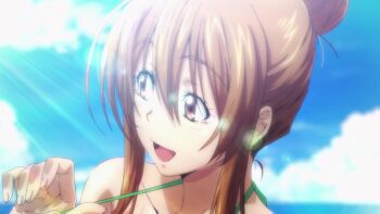 2girls animated anime_screenshot arm_under_breasts ass back bikini breasts brown_eyes brown_hair cleavage collarbone dimples_of_venus front-tie_bikini_top front-tie_top grand_blue highres huge_ass jacket kotegawa_chisa kotegawa_nanaka large_breasts medium_breasts multiple_girls open_clothes open_jacket open_mouth pink_jacket shoulder_blades siblings side-tie_bikini_bottom sidelocks sisters smile sound strap_pull swimsuit tagme thighs video white_bikini