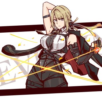 1girl apakan arm_behind_head arm_strap arm_up bare_shoulders black_coat black_pants blonde_hair breasts character_name chest_harness closed_mouth coat coat_on_shoulders commentary_request cowboy_shot elbow_gloves evelyn_chevalier fire gloves half_gloves harness high-waist_pants highres large_breasts latex_pants long_ribbon looking_at_another necktie pants purple_eyes ring_hair_ornament see-through_clothes shirt single_elbow_glove single_half_glove sleeveless sleeveless_shirt solo thread tight_clothes tight_pants white_background white_shirt yellow_necktie zenless_zone_zero