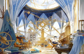 1boy bishounen black_hair black_pants blue_sky blue_theme book bookshelf breeches candle chair cloud cloudy_sky commentary crossed_legs crumpled_paper day desk english_commentary figure_four_sitting gold hourglass indoors kkcoocool long_hair male_focus original orrery pants pile_of_books planetarium ponytail scenery shirt sitting sky skylight sunlight table tablecloth telescope white_shirt white_sky wide_shot window