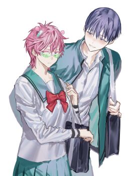1boy 1girl absurdres bag bow chamuring genderswap genderswap_(ftm) genderswap_(mtf) grin hetero highres jacket long_sleeves looking_at_another open_clothes open_jacket pink_hair pleated_skirt purple_hair red_bow saiki_kusuo saiki_kusuo_no_psi_nan sailor_collar school_uniform shirt short_hair simple_background skirt smile teruhashi_kokomi white_background white_shirt