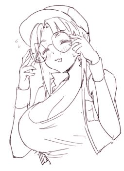 Rule 34 | blush, breasts, cleavage, closed eyes, commentary, crop top, field cap, fio germi, glasses, hat, madsensei, metal slug, military, monochrome, nervous smile, round eyewear, smile, solo, symbol-only commentary, white background