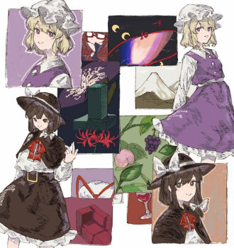 2girls belt black_belt black_capelet black_eyes black_hair black_hat black_skirt blonde_hair bow bowtie capelet closed_mouth collared_shirt cup drinking_glass flower food frilled_hat frilled_skirt frills fruit glasses grapes hair_bow hand_up hat hat_ribbon highres leaf long_sleeves maribel_hearn mob_cap mountain multiple_girls oftooon parted_lips peach purple_eyes purple_skirt purple_vest red_bow red_bowtie red_flower red_ribbon ribbon shirt shirt_tucked_in short_hair skirt smile spider_lily tombstone touhou usami_renko vest white_bow white_hat white_shirt wine_glass