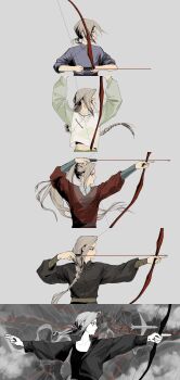 absurdres animal_ears black_tank_top blue_hanfu bow chinese_clothes commentary_request grey_hair grey_pants hanfu highres howl_and_sophie_airwalking leopard_ears luo_xiaohei_zhanji luye_(the_legend_of_luoxiaohei) moon_shutiao pants ponytail tank_top watermark
