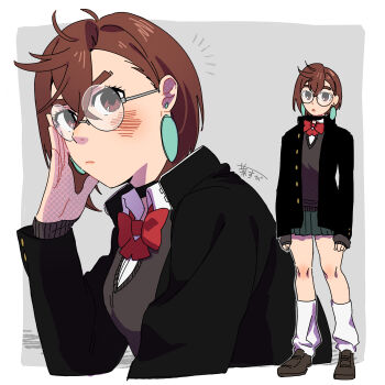 1girl adjusting_eyewear ayase_momo black_choker black_jacket black_sweater_vest blue_skirt blush border bow bowtie brown_eyes brown_hair brown_shoes choker closed_mouth collared_shirt commentary_request crossed_bangs dandadan earrings full_body gakuran glasses grey_background hair_behind_ear hair_between_eyes highres jacket jewelry knees looking_at_viewer loose_socks miniskirt multiple_views nasubi_(user_agpx4547) open_clothes open_jacket open_mouth outside_border pleated_skirt red_bow red_bowtie round_eyewear school_uniform shirt shoes short_hair skirt socks standing sweater_vest thick_eyebrows upper_body white_border white_shirt white_socks