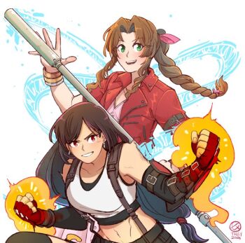 2girls aerith_gainsborough black_hair black_skirt braid braided_ponytail brown_hair crop_top dress elbow_gloves final_fantasy final_fantasy_vii fingerless_gloves gloves glowing_fist green_eyes hair_ribbon holding holding_staff jacket long_hair magic midriff multiple_girls navel parted_bangs pink_dress red_eyes red_jacket ribbon sidelocks skirt smile staff suspender_skirt suspenders tank_top ticcy tifa_lockhart