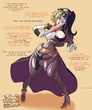 aigis_(persona) altus atlus black_hair blonde_hair blue_eyes breasts clothes commentary commission english_commentary english_text female_focus fire_emblem fire_emblem_awakening highres intelligent_systems jewelry large_breasts living_clothes long_hair mind_control navel nintendo no_pubic_hair nude persona persona_3 see-through_clothes short_hair smile tharja_(fire_emblem) thetransformtentacle thick_thighs thighs transformation twintails