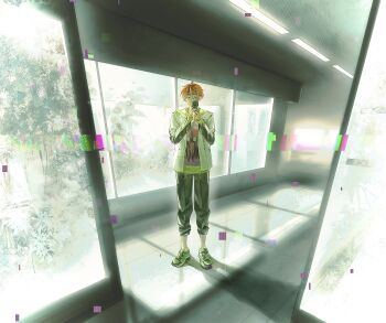 Rule 34 | 18trip, 1boy, absurdres, ahoge, camera, full body, glitch, grey pants, hair between eyes, headband, highres, holding, holding camera, indoors, isotake akuta, jacket, long sleeves, male focus, mirror, mirror selfie, open clothes, open jacket, orange hair, pants, print shirt, reflection, selfie, shirt, short hair, solo, standing, w0m4w4r1 3, white jacket, window