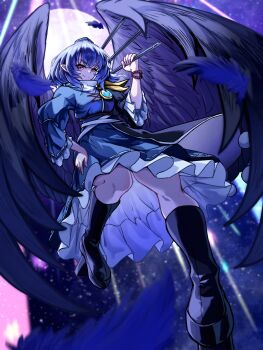 1girl bird_wings black_socks black_wings blue_dress blue_hair breasts closed_mouth coat commentary_request dress feathered_wings frilled_dress frills from_below full_body geta happy hat highres holding holding_tripod iizunamaru_megumu medium_breasts pointy_ears purple_shoes shoes shoulder_guard sleeveless sleeveless_coat smile socks solo surcoat tengu-geta tenx2_1341 tokin_hat touhou tripod wide_sleeves wings