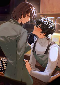2boys absurdres akechi_gorou amamiya_ren apron black_gloves black_hair blue_eyes blush brown_hair chessboard coat commentary_request eye_contact fsmaichobpeg0 glasses gloves hand_on_another's_chin highres long_sleeves looking_at_another male_focus multiple_boys persona persona_5 red_eyes shirt short_hair white_shirt yaoi