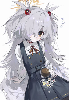 1girl blue_archive blush brown_eyes brown_halo choker collared_shirt commentary_request diagonal-striped_ribbon dress flask flower green_dress hair_ornament hair_over_one_eye halo highres kanoe_(blue_archive) long_bangs long_hair measho nervous_sweating pale_skin petals pinafore_dress round-bottom_flask shirt sleeveless sleeveless_dress sweat sweatdrop very_long_hair white_hair white_shirt