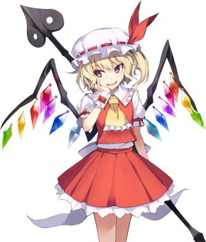 1girl ascot back_bow blonde_hair bow collared_shirt cowboy_shot crystal crystal_wings eho_(icbm) flandre_scarlet frilled_shirt_collar frilled_skirt frills game_cg hat hat_ribbon holding holding_weapon labyrinth_of_touhou_(series) labyrinth_of_touhou_tri laevatein_(touhou) mob_cap multicolored_wings non-web_source official_art one_side_up open_mouth puffy_short_sleeves puffy_sleeves red_bow red_eyes red_skirt red_vest ribbon shirt short_sleeves skirt skirt_set sleeve_bow smile solo touhou transparent_background vest weapon white_bow white_hat wings yellow_ascot