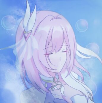 1girl breasts bubble cleavage closed_eyes closed_mouth commentary corset elysia_(herrscher_of_human:_ego)_(honkai_impact) elysia_(honkai_impact) hair_ornament honkai_(series) honkai_impact_3rd large_breasts long_hair multicolored_hair pink_hair risdiya short_hair small_breasts solo triquetra two-tone_hair very_long_hair white_corset white_hair