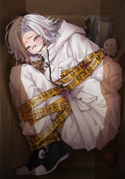 1boy aotsuki_eito bdsm black_shoes blush bondage bound box bullet chinese_commentary commentary_request curtained_hair drawstring eyelashes forehead_blush from_above gagged glasses grey_hair high_collar highres hood hood_down hooded_jacket in_box in_container jacket kualie_xiaozhao long_sleeves male_focus pants pocket purple_eyes rectangular_eyewear saliva shoes short_hair solo stuffed_animal stuffed_octopus stuffed_tomato stuffed_toy sunglasses sweat tape tape_bondage the_hundred_line_-last_defense_academy- translation_request white_jacket white_pants