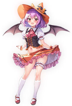 1girl :d alternate_costume ascot bat_wings black_ribbon black_vest bow collared_shirt commentary_request frilled_thigh_strap full_body hat hat_bow hat_ribbon jack-o&#039;-lantern_hat_ornament kneehighs looking_at_viewer mary_janes midriff navel open_mouth orange_bow orange_hat orange_skirt puffy_short_sleeves puffy_sleeves purple_hair red_ascot red_eyes red_nails red_shoes remilia_scarlet ribbon rikatan shirt shoes short_hair short_sleeves simple_background skirt skirt_hold smile socks solo standing thigh_strap touhou vest white_background white_shirt white_socks wings witch_hat wrist_cuffs