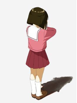1girl artist_name azumanga_daioh's_school_uniform azumanga_daiou black_hair blunt_ends bob_cut brown_shoes commentary dress_shirt english_commentary facing_away full_body hands_on_own_face highres inverted_bob kaori_(azumanga_daioh) kneehighs kyuunn loafers long_sleeves pink_serafuku pink_shirt pleated_skirt red_skirt sad sailor_collar school_uniform serafuku shadow shirt shoes short_hair signature simple_background sketch skirt socks solo unhappy white_background white_sailor_collar white_socks