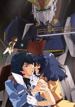 1990s_(style) 3boys 3girls aeug anime_coloring astonaige_medoz black_hair black_shirt blue_eyes blue_hair blue_jacket boots brown_hair catwalk_(walkway) closed_eyes commentary dress emma_sheen fa_yuiry faux_retro_artstyle finger_to_another&#039;s_mouth finger_to_mouth floating gloves green_boots green_jacket gundam hand_on_another&#039;s_shoulder hangar haro hetero highres holding holding_wrench imminent_kiss index_finger_raised indoors jacket kamille_bidan kawatooo long_hair long_sleeves looking_at_another looking_back mecha mobile_suit multiple_boys multiple_girls open_mouth pants qum retro_artstyle robot science_fiction shinta_(gundam) shirt short_hair sleeveless sleeveless_dress turtleneck u_u v-fin white_gloves white_pants wrench yellow_dress zero_gravity zeta_gundam zeta_gundam_(mobile_suit)