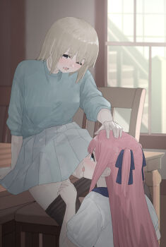 2girls absurdres after_cunnilingus black_pantyhose blue_eyes blue_ribbon blue_shirt blush clothes_pull commentary grey_hair grey_skirt hair_ribbon hand_on_another's_head highres indoors kamiina_botan kamiina_botan_yoeru_sugata_wa_yuri_no_hana long_hair masaki_(yuuuunno) multiple_girls on_table one_eye_closed open_mouth pantyhose pantyhose_pull pink_hair pleated_skirt purple_eyes pussy_juice ribbon saliva shirt short_hair skirt table tonami_ibuki tongue tongue_out two_side_up white_shirt yuri