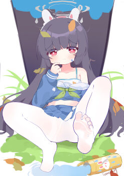 1girl absurdres ahoge animal_ear_hairband animal_ears artist_name bare_shoulders bikini bikini_top_only bikini_under_clothes blue_archive blue_serafuku blue_skirt blush bottle chinese_commentary collarbone commentary_request fake_animal_ears feet foot_focus full_body green_neckerchief grey_hair grey_halo hair_ornament hairband halo hand_on_own_chin highres leaf leaf_hair_ornament leaf_print long_hair long_sleeves looking_at_viewer miniskirt miyu_(blue_archive) neckerchief no_shoes off_shoulder pantyhose parted_lips pleated_skirt print_bikini rabbit_ear_hairband rabbit_ears red_eyes school_uniform serafuku simple_background sitting skirt soles solo sparerib- spill spread_legs swimsuit thighband_pantyhose toes water water_bottle wet white_background white_bikini white_hairband white_pantyhose