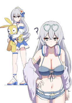 1girl ? absurdres before_and_after blue_skirt breasts bronya_zaychik bronya_zaychik_(herrscher_of_truth) bronya_zaychik_(seaside_vibes) bronya_zaychik_(silverwing:_n-ex) cleavage commentary denim denim_bikini denim_shorts eyewear_on_head flower hair_flower hair_ornament headphones headphones_around_neck heart heart-shaped_eyewear highres homu_(honkai_impact) honkai_(series) honkai_impact_3rd hugging_doll hugging_object large_breasts marin_liekuriva midriff multiple_views navel official_alternate_costume platform_sandals sandals shorts simple_background skirt small_breasts sunglasses toes white_background