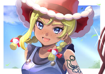 1girl :d absurdres arm_tattoo blonde_hair blue_eyes blurry cloud commentary_request day eyelashes falling_leaves freckles hair_ornament hat highres kakoimaru kitt_(pokemon) leaf lower_teeth_only nintendo open_mouth outdoors overalls pitchfork pokemon pokemon_champions red_hat shirt sky sleeveless sleeveless_shirt smile solo tattoo teeth upper_body