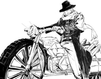 1boy belt blindfold bloodborne character_request chinese_commentary coat commentary_request covered_eyes feet_out_of_frame greyscale hat male_focus megasus monochrome motor_vehicle motorcycle on_motorcycle open_clothes open_coat pants parted_lips scarf short_hair simple_background solo standing vest