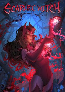 1girl absurdres artist_name avengers_(series) blue_background bodysuit boots brown_hair character_name commentary cowboy_shot dark-skinned_female dark_skin elbow_gloves english_commentary freckles gloves highres long_hair magic marvel marvel_rivals multicolored_bodysuit official_alternate_costume pink_bodysuit red_bodysuit red_boots red_gloves redgreengoblin scarlet_witch solo superhero_costume thigh_boots thorns two-tone_bodysuit wanda_maximoff witch