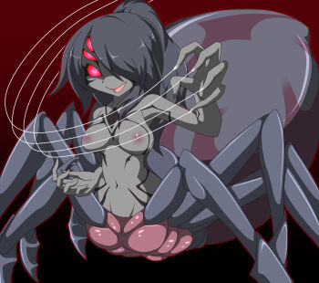 1girl amauchi arachne arachne_lord arthropod_girl black_background black_hair breasts chest_tattoo colored_skin commentary_request extra_eyes gradient_background grey_skin hair_over_one_eye insect_girl large_breasts long_hair looking_at_viewer mon-musu_quest! monster_girl multiple_legs navel nipples no_pupils red_background red_eyes silk smile solo spider_girl tattoo taur
