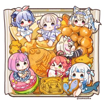 &gt;_&lt; &gt;_o :3 :d ahoge animal_ear_fluff animal_ears bandaid bandaid_hair_ornament bell blonde_hair blue_eyes blue_hair blush_stickers candy_hair_ornament cheesecake chibi chibi_only commentary cream_puff crown dog_ears dog_girl dog_tail donut eating fins fish_tail food food-themed_hair_ornament fuwawa_abyssgard fuwawa_abyssgard_(1st_costume) gawr_gura gawr_gura_(1st_costume) gradient_hair green_eyes hair_bell hair_ornament hairclip hashtag-only_commentary heterochromia himemori_luna himemori_luna_(sundress) hololive hololive_dev_is hololive_english in_food jingle_bell macaron mini_crown mini_person minigirl mococo_abyssgard mococo_abyssgard_(1st_costume) multicolored_hair o3o official_alternate_costume one_eye_closed open_mouth pink_eyes pink_hair pon_de_ring purple_eyes red_eyes red_hair sakura_miko sakura_miko_(1st_costume) same_anko shark_hair_ornament shark_tail smile sparkle streaked_hair symbol-only_commentary tail taiyaki todoroki_hajime todoroki_hajime_(1st_costume) triangle_mouth two-tone_hair two_side_up usada_pekora usada_pekora_(casual) virtual_youtuber wagashi white_hair