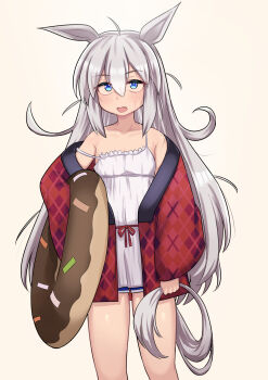 1girl absurdres alternate_costume animal_ears blue_eyes blue_shorts camisole commentary_request cowboy_shot donut-shaped_pillow fang food-themed_pillow frilled_camisole frills grey_hair highres holding_own_tail horse_ears horse_girl horse_tail jacket long_hair looking_at_viewer loungewear messy parted_bangs red_jacket shorts solo spaghetti_strap strap_slip sweat tail tamamo_cross_(umamusume) teaclaw textless_version umamusume very_long_hair white_camisole