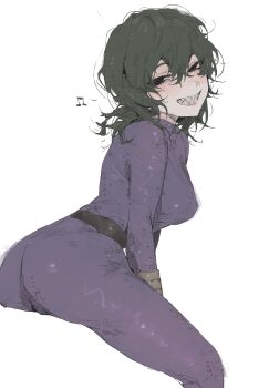 1girl absurdres ass beamed_eighth_notes belt black_belt black_eyes bodysuit boku_no_hero_academia breasts commentary_request double-parted_bangs empty_eyes green_hair grin hair_between_eyes highres invisible_chair large_breasts le_(szs0k) looking_to_the_side medium_hair messy_hair musical_note purple_bodysuit sharp_teeth shiny_clothes simple_background sitting smile solo superhero_costume teeth tokage_setsuna white_background