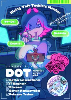 1girl absurdres bright_pupils cardigan chair character_name chromatic_aberration commentary_request computer desk donut dot_(pokemon) drinking drinking_straw english_text food from_below gen_2_pokemon gen_4_pokemon hair_between_eyes highres holding indoors monitor mouth_hold multicolored_hair nidothing nintendo office_chair pants pink_hair plus_ta pokemon pokemon_(anime) pokemon_horizons purple_cardigan purple_eyes purple_hair quaxly rotom rotom_phone short_hair shuckle slippers swivel_chair tinkatink two-tone_hair white_pupils