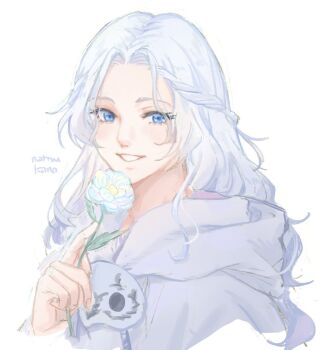 1girl artist_name blue_eyes braid elpis_flower final_fantasy final_fantasy_xiv flower half_up_braid highres holding holding_flower hood hood_down long_hair looking_at_viewer mask mask_around_neck nattsuk_box portrait simple_background smile solo sophist&#039;s_robe_(ff14) twitter_username unworn_mask venat_(ff14) white_background white_flower white_hair