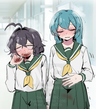 2girls ahoge an_sin artist_name black_hair blank_eyes blood blood_on_hands blood_on_mouth blood_stain blue_hair blush breath closed_eyes commentary cowboy_shot full-face_blush green_sailor_collar green_skirt hand_on_own_stomach highres hiiragi_utena implied_after_cunnilingus long_hair long_sleeves mahou_shoujo_ni_akogarete menstrual_blood menstruation minakami_sayo motion_lines multiple_girls neckerchief open_mouth pixiv_id sailor_collar school_uniform serafuku shirt short_hair skirt sweat twitter_username watermark white_shirt yellow_neckerchief yuri