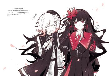 2girls absurdres beret black_hair black_hat black_shirt black_skirt closed_eyes closed_mouth collared_shirt cowboy_shot crown falling_petals flower hair_flower hair_ornament hat highres holding_hands long_hair long_sleeves mahou_shoujo_no_majo_saiban multicolored_hair multiple_girls necktie nikaido_hiro open_mouth partially_colored petals pleated_skirt qiming_zhende_hao_nan red_eyes red_flower red_necktie sakuraba_ema shirt short_hair skirt smile standing white_background white_hair x_hair_ornament