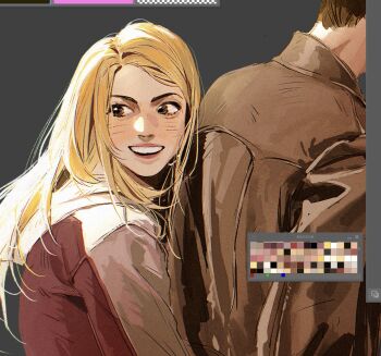 1boy 1girl art_program_in_frame blonde_hair brown_coat brown_eyes brown_hair coat color_guide commentary doctor_who english_commentary grey_background gymnopedies2 highres jacket light_blush long_hair open_mouth pink_jacket rose_tyler short_hair smile swept_bangs teeth tenth_doctor_(doctor_who) the_doctor_(doctor_who) upper_body upper_teeth_only