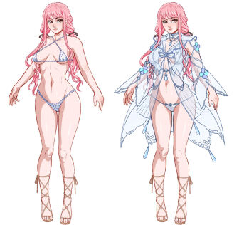 Rule 34 | 1girl, arm cutout, bikini, black bow, blue ribbon, bow, breasts, brown eyes, brown ribbon, brown sandals, closed mouth, clothing cutout, coat, collared coat, commentary, commission, diamond cutout, english commentary, expressionless, eyelashes, hair bow, high collar, infinity nikki, jewelry, jonval, knees, leg ribbon, light blush, lingerie, lipstick, long hair, long sidelocks, long sleeves, looking at viewer, low twintails, makeup, medium breasts, navel, necklace, nikki (nikki), nikki (series), pink hair, pink lips, polka dot, polka dot bikini, ribbon, sandals, second-party source, see-through clothes, see-through coat, sidelocks, simple background, skinny, string bikini, swimsuit, toenails, toes, twintails, underwear, variations, very long hair, wavy hair, white background, white bikini, white coat