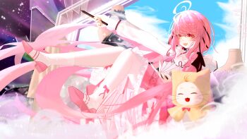 1girl ^_^ absurdly_long_hair absurdres ahoge animal arm_cutout bare_shoulders black_bow black_ribbon blue_sky book bow bow_legwear bowtie bra_strap bright_pupils brown_eyes cat chinese_commentary cloak closed_eyes clothed_animal clothing_cutout cloud collarbone colored_eyelashes commentary_request day dot_nose ear_covers fang floral_print frilled_shirt frilled_skirt frilled_sleeves frills full_body glass_shards hair_bow hair_over_shoulder hair_ribbon high_heels highres holding holding_book holding_stylus hood hood_up hooded_cloak infinity_nikki light_blush long_hair long_sleeves looking_at_viewer loose_hair_strand low_twintails medium_skirt momo_(nikki) nikki_(nikki) nikki_(series) off-shoulder_shirt off_shoulder open_book open_mouth outdoors outstretched_arm perfect_start_(infinity_nikki) pink_bow pink_hair pink_ribbon pink_shoes pink_skirt pleated_skirt print_socks puffy_long_sleeves puffy_sleeves pumps red_bow red_bowtie ribbon see-through_clothes see-through_sleeves shikong_xiongmao shirt shoes sitting skin_fang skirt sky smile socks space sparkle star_(sky) stylus traditional_bowtie tress_ribbon twintails very_long_hair whiskers white_cat white_pupils white_shirt white_socks yellow_cloak