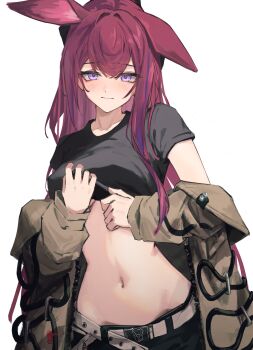 1girl absurdres animal_ears arknights belt black_shirt crop_top grey_jacket highres jacket jacket_partially_removed long_hair long_sleeves looking_at_viewer midriff navel nekomatamago off_shoulder purple_eyes purple_hair rabbit_ears ray_(arknights) shirt short_sleeves simple_background solo stomach very_long_hair white_background