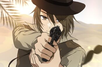 1boy aiming aiming_at_viewer brown_eyes brown_footwear brown_hair brown_vest collared_shirt commentary_request cowboy_hat cowboy_western fsin_1 gun handgun hat highres holding holding_gun holding_weapon koizumi_itsuki long_sleeves looking_at_viewer male_focus revolver sheriff_badge shirt short_hair solo suzumiya_haruhi_no_yuuutsu vest weapon