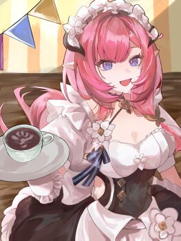 1girl absurdres apron black_dress blue_eyes breasts butterfly_hair_ornament chinese_commentary cleavage coffee coffee_mug commentary_request cup decorations dress elf elysia_(honkai_impact) elysia_(miss_pink)_(honkai_impact) elysia_(miss_pink_elf)_(honkai_impact) fake_horns hair_ornament highres holding holding_cup honkai_(series) honkai_impact_3rd horns indoors large_breasts long_hair maid maid_apron maid_headdress mug official_alternate_costume open_mouth pink_hair pointy_ears puffy_short_sleeves puffy_sleeves qianzao_a_nong_yi_dongbudong short_sleeves smile solo very_long_hair white_apron