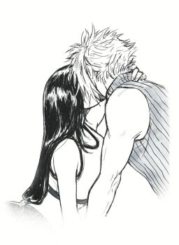 1boy 1girl bare_arms bare_shoulders black_hair black_sports_bra blonde_hair cloud_strife commentary couple crop_top english_commentary final_fantasy final_fantasy_vii final_fantasy_vii_rebirth final_fantasy_vii_remake from_side hand_on_another&#039;s_neck kiss linono long_hair low-tied_long_hair ribbed_sweater short_hair sleeveless sleeveless_turtleneck spiked_hair sports_bra sweater tank_top tifa_lockhart traditional_media turtleneck turtleneck_sweater upper_body white_background white_tank_top